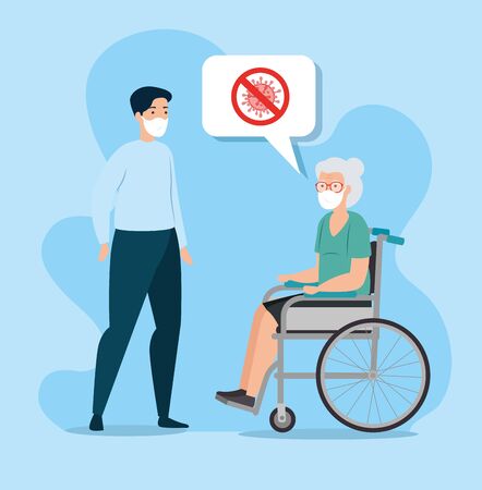old woman sick of covid 19 and man vector illustration designのイラスト素材