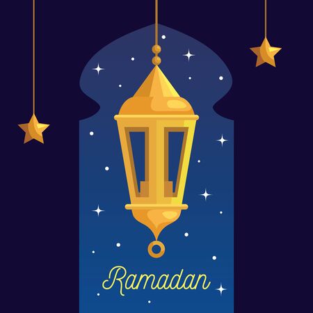 ramadan kareem poster with lantern and stars hanging vector illustration designのイラスト素材