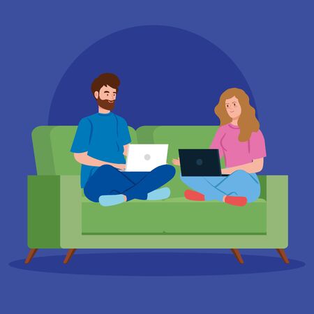 couple working in telecommuting with laptop in couch vector illustration designのイラスト素材