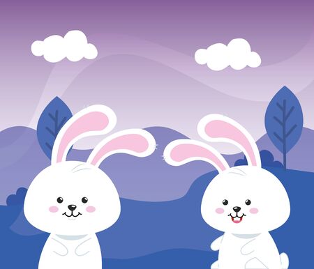 cute rabbits animals in landscape nature vector illustration designのイラスト素材