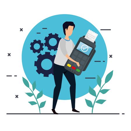 young man with dataphone and gears vector illustration designのイラスト素材