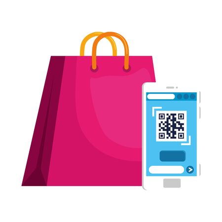 qr code inside smartphone and bag design of technology scan information business price communication barcode digital and data theme Vector illustrationのイラスト素材
