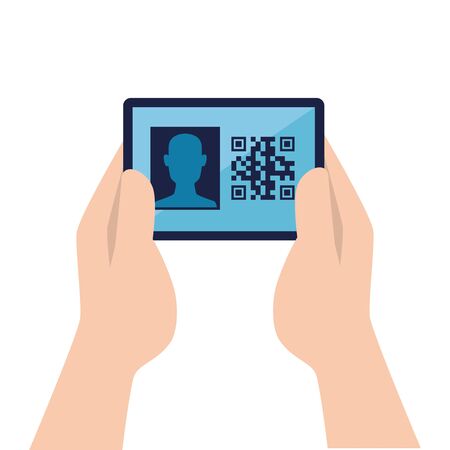 hands and qr code inside smartphone design of technology scan information business price communication barcode digital and data theme Vector illustrationのイラスト素材