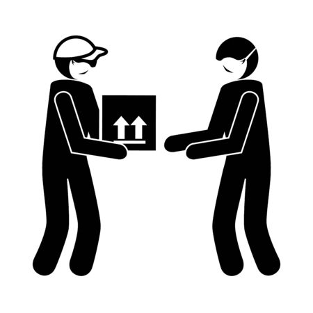 silhouette of delivery workers using face mask with box carton vector illustration designのイラスト素材