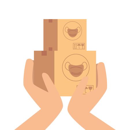 hands with boxes of face masks isolated icon vector illustration designのイラスト素材