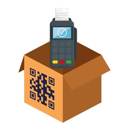 qr code over box and dataphone design of technology scan information business price communication barcode digital and data theme Vector illustrationのイラスト素材