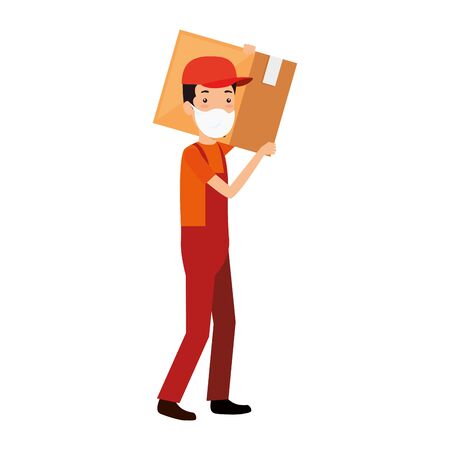 delivery worker using face mask with box carton vector illustration designのイラスト素材