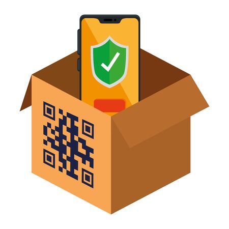 qr code over box and smartphone design of technology scan information business price communication barcode digital and data theme Vector illustrationのイラスト素材