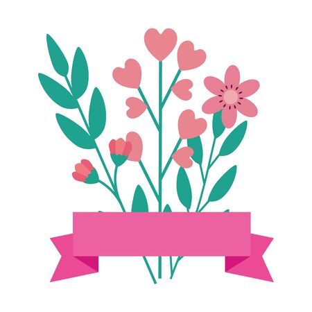 cute flowers pink with leafs and ribbon decoration vector illustration designのイラスト素材