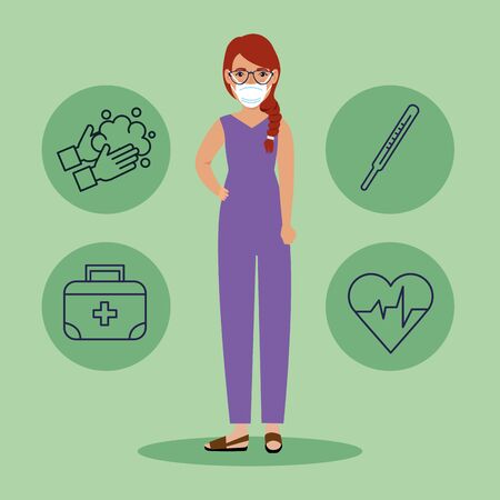 woman with face mask and recommendations for covid 19 vector illustration designのイラスト素材