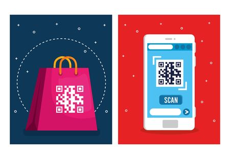 qr code over shopping bag and smartphone design of technology scan information business price communication barcode digital and data theme Vector illustrationのイラスト素材