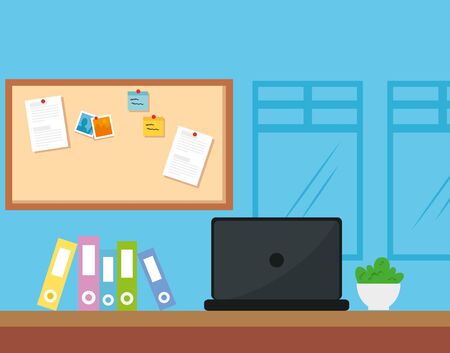 workplace scene with laptop and icons vector illustration designのイラスト素材