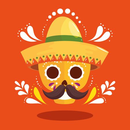 Mexican skull with hat and mustache design, Mexico culture tourism landmark latin and party theme Vector illustrationのイラスト素材