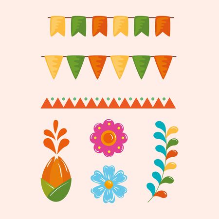 Mexican flowers leaves and banner pennant design, Mexico culture tourism landmark latin and party theme Vector illustrationのイラスト素材