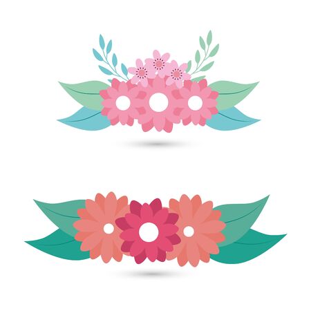 set of cute flowers with leafs naturals vector illustration designのイラスト素材