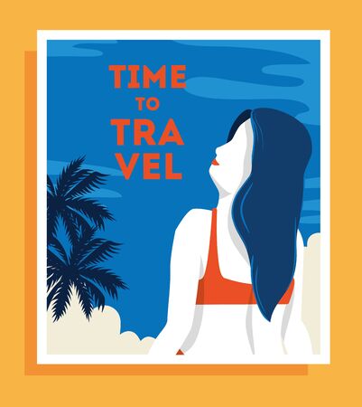 time travel poster with woman and tree palms vector illustration designのイラスト素材
