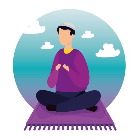 man muslim sitting in carpet with sky landscape vector illustration designのイラスト素材