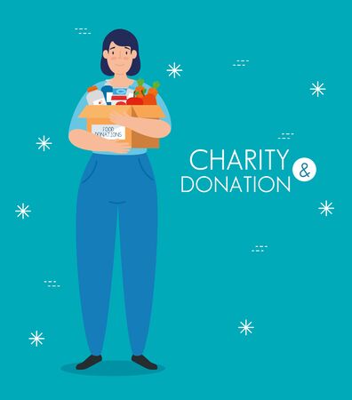 young woman with box of charity donation vector illustration designのイラスト素材