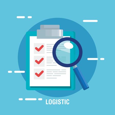 delivery logistic service with checklist and magnifying glass vector illustration designのイラスト素材