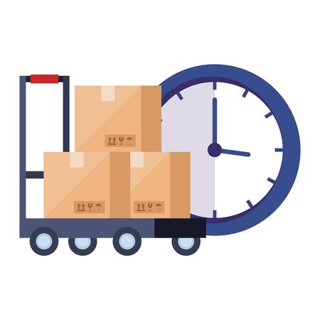 Boxes over cart and clock design, Delivery logistics transportation shipping service warehouse industry and global theme Vector illustrationのイラスト素材
