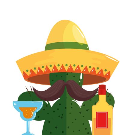Mexican cactus with mustache hat cocktail and tequila bottle design, Mexico culture tourism landmark latin and party theme Vector illustrationのイラスト素材