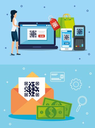 qr code inside envelope bills laptop and woman design of technology scan information business price communication barcode digital and data theme Vector illustrationのイラスト素材