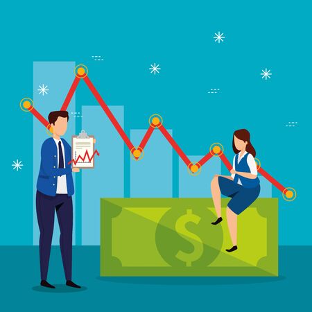 stock market crash with business couple and icons vector illustration designのイラスト素材