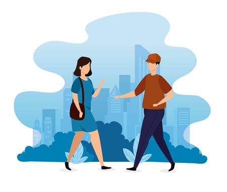 young couple walking with cityscape vector illustration designのイラスト素材