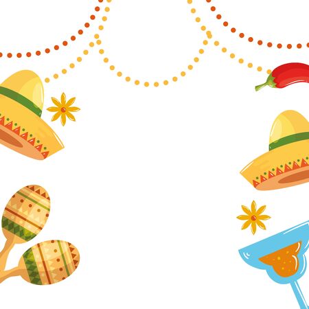 Mexican hats maracas cocktail and chilli design, Mexico culture tourism landmark latin and party theme Vector illustrationのイラスト素材