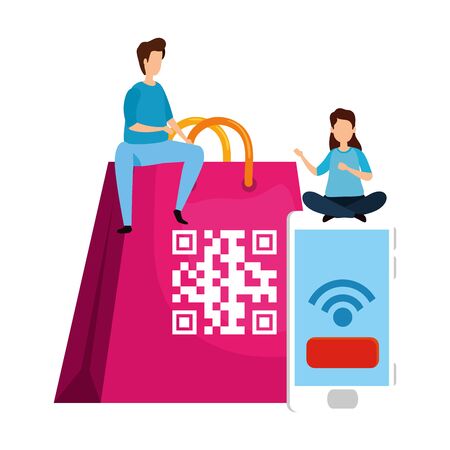 couple with code qr in bag shopping and smartphone vector illustration designのイラスト素材