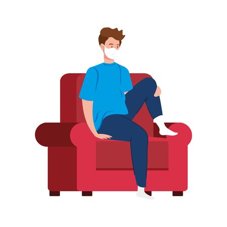 campaign stay at home with man using face mask in living room vector illustration designのイラスト素材