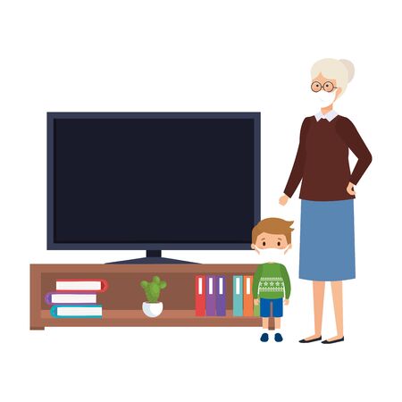 campaign stay at home with grandmother with grandson using face mask watching tv vector illustration designのイラスト素材