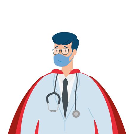 super doctor male with face mask and hero cloak vector illustration designのイラスト素材