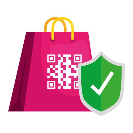 qr code over bag and shield design of technology scan information business price communication barcode digital and data theme Vector illustrationのイラスト素材