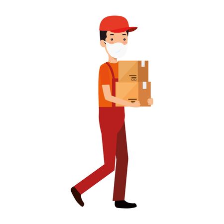 delivery worker using face mask with boxes carton vector illustration designのイラスト素材