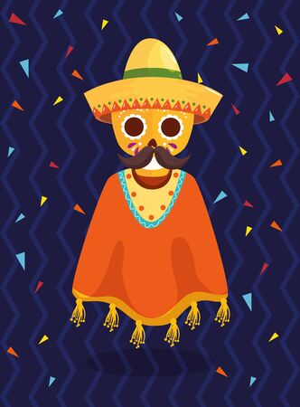 Mexican skull with mustache hat and poncho design, Mexico culture tourism landmark latin and party theme Vector illustrationのイラスト素材