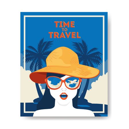 time travel poster with woman and tree palms vector illustration designのイラスト素材