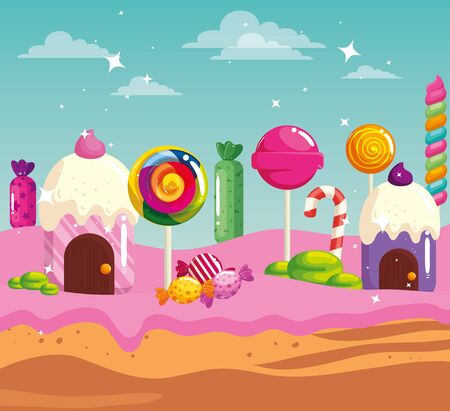 candy land with houses cupcake and caramels vector illustration designのイラスト素材