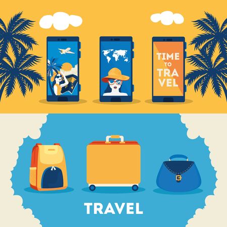 set poster of time travel and summer icons vector illustration designのイラスト素材