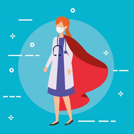 super doctor female with face mask and hero cloak vector illustration designのイラスト素材