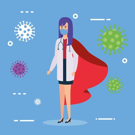 super doctor female with hero cloak and particles covid 19 vector illustration designのイラスト素材