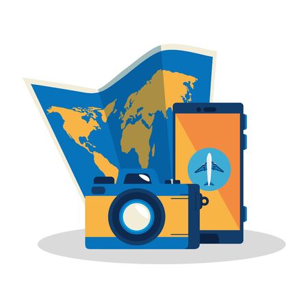 paper map with camera and smartphone vector illustration designのイラスト素材