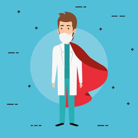 super doctor male with face mask and hero cloak vector illustration designのイラスト素材