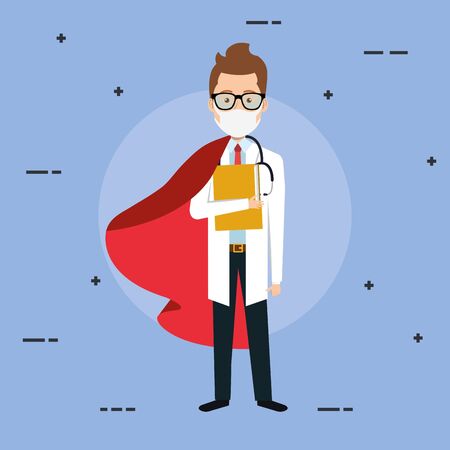 super doctor male with face mask and hero cloak vector illustration designのイラスト素材