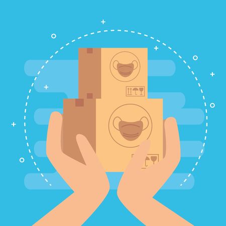hands with boxes of face masks vector illustration designのイラスト素材