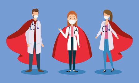 super doctors with face mask and hero cloak vector illustration designのイラスト素材