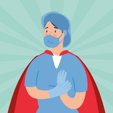 super female paramedic with face mask and hero cloak vector illustration designのイラスト素材