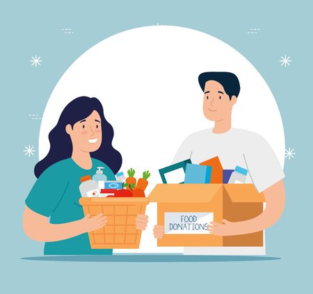 couple with box and basket of charity donation vector illustration designのイラスト素材