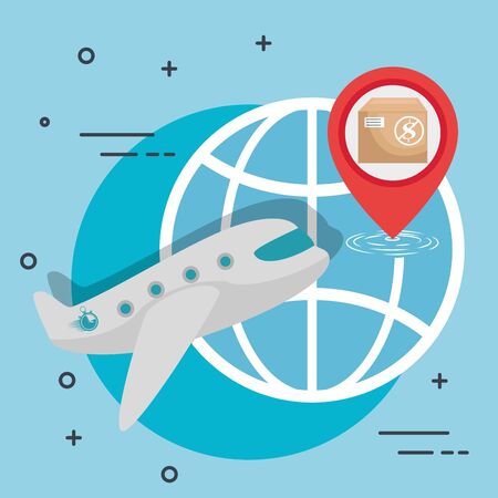 airplane delivery with globe sphere and box vector illustration designのイラスト素材