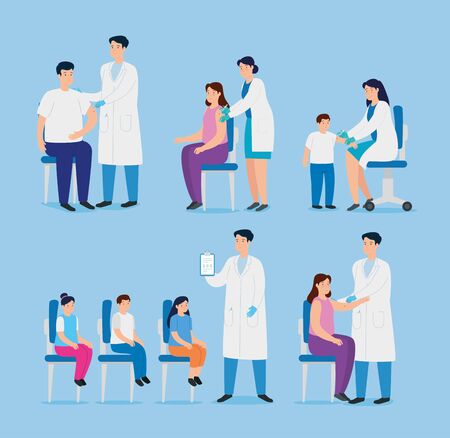 set scenes of doctors vaccinating with people vector illustration designのイラスト素材